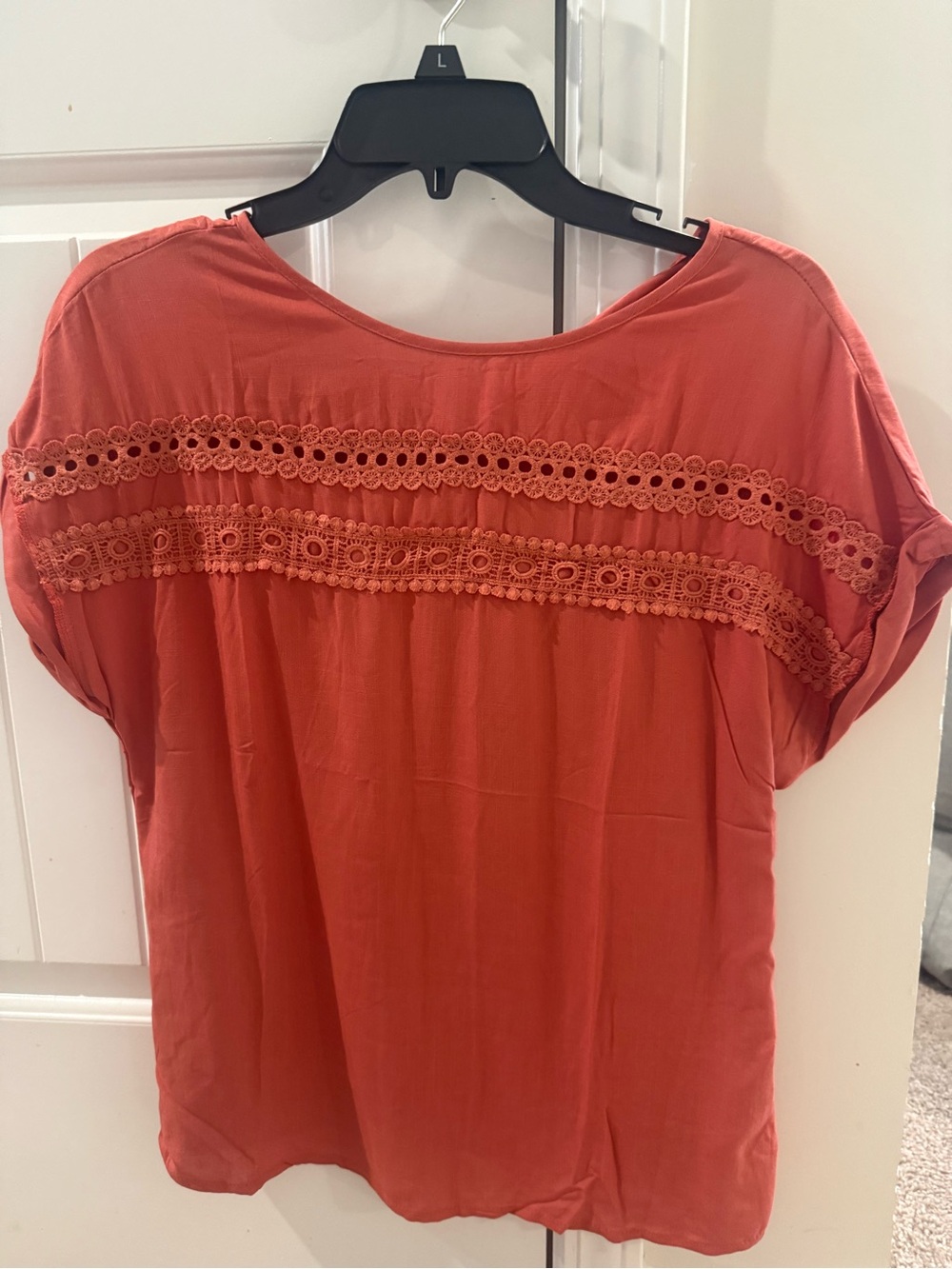 LOFT Crochet-Trim Short Sleeve Blouse - Rust Orange